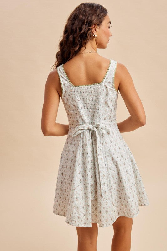 Vintage Blossom Mini Dress - Ivory/Sage green
