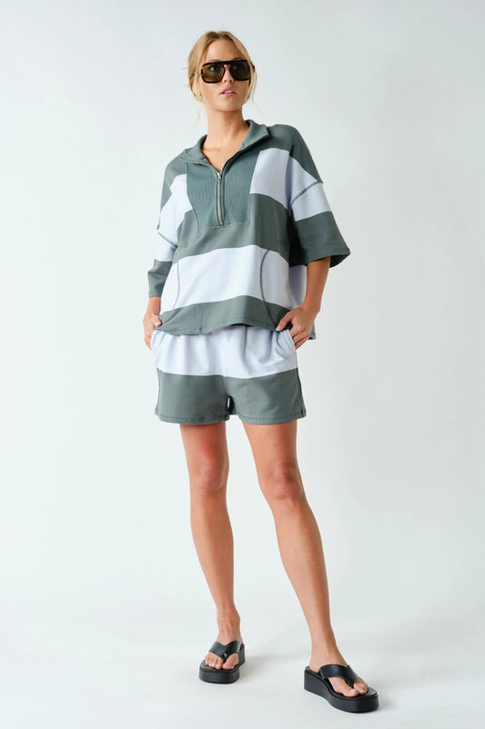 Stripe Half zip shorts set - Green/Blue