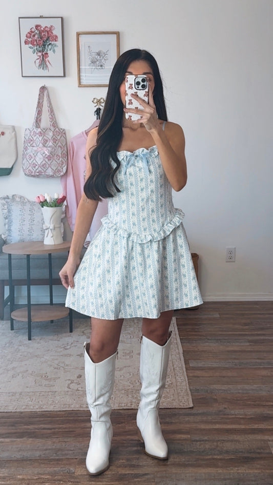 Sweetheart Bloom Mini Dress (Blue)