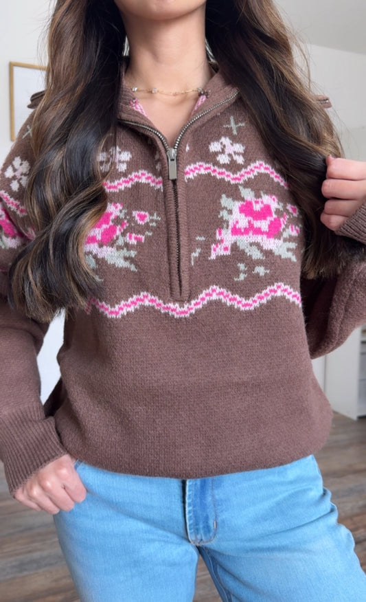 Vintage Rose Pullover Sweater / Chocolate