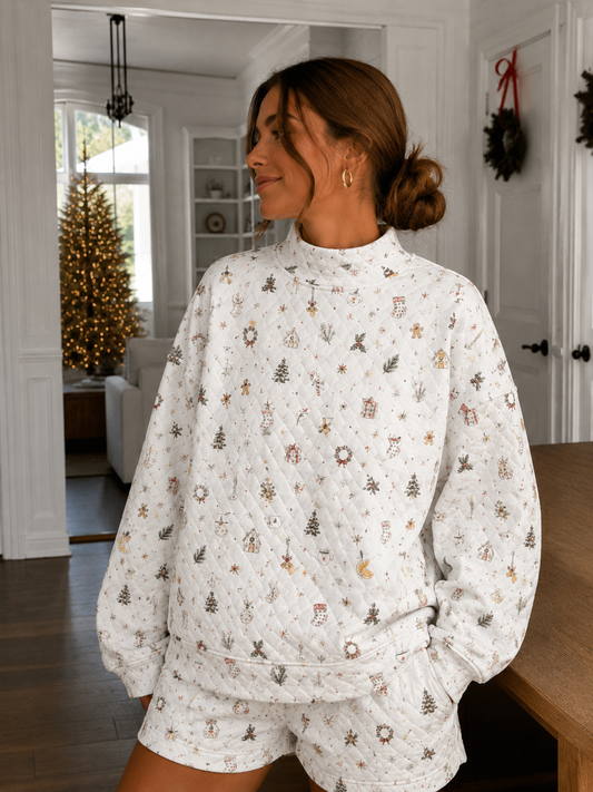 White Christmas Winter Cottage Mockneck