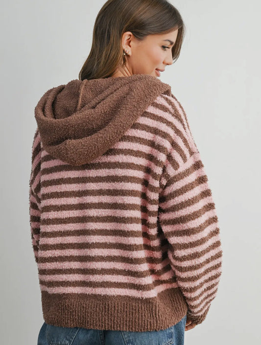 Pink and brown stripe zip sweater