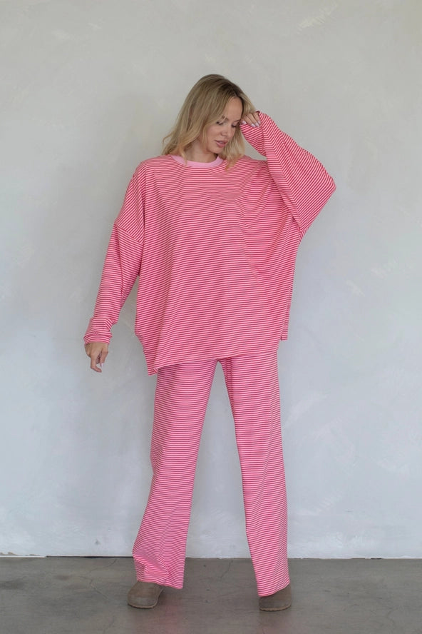Marie Stripe Lounge Pant Set - Pink/Red
