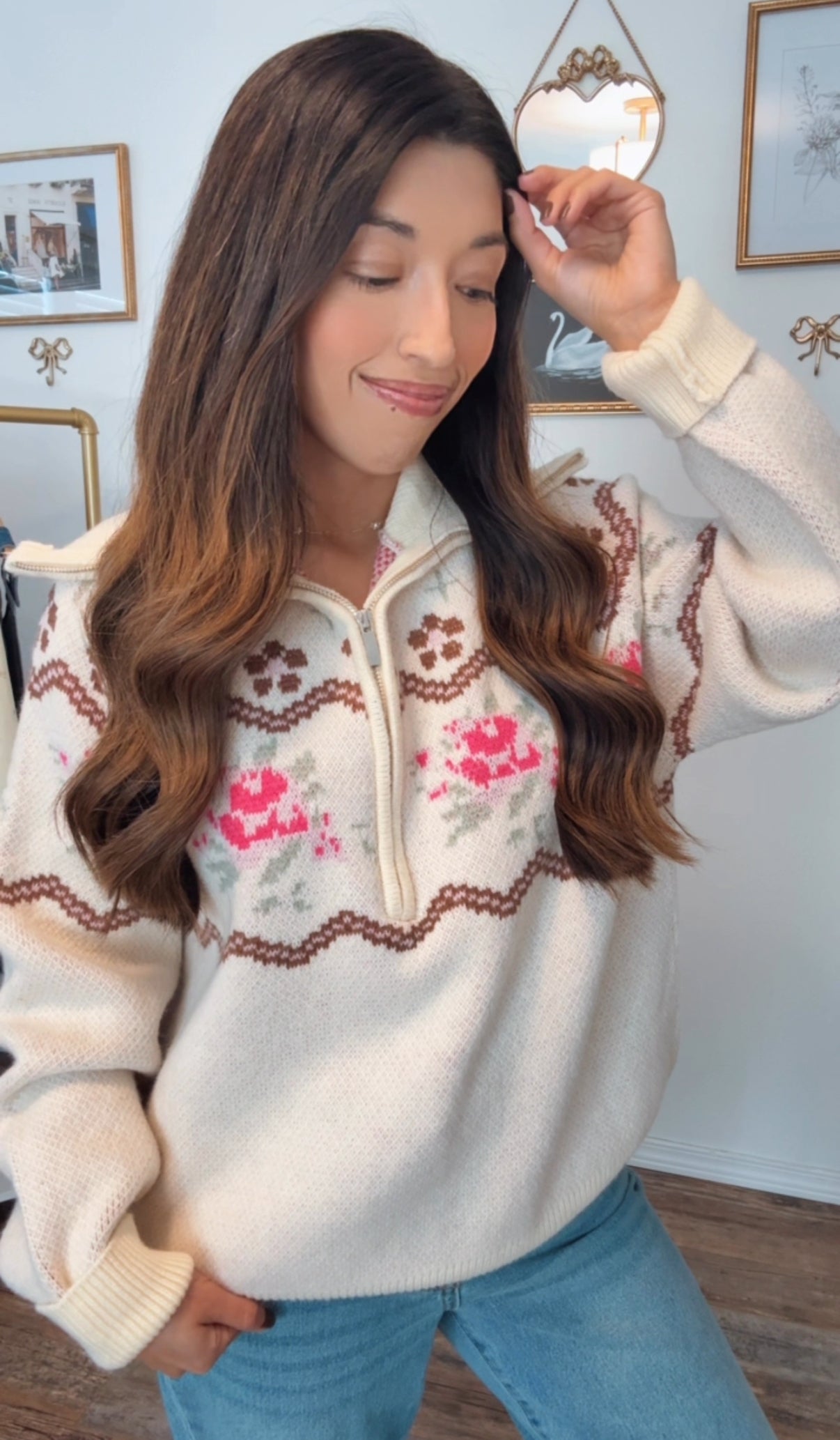 Vintage Rose Half Zip Sweater / Cream