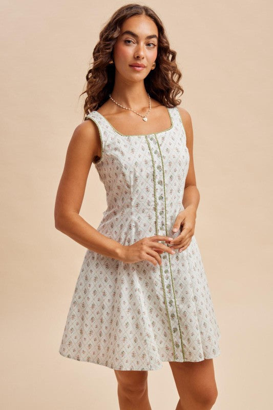 Vintage Blossom Mini Dress - Ivory/Sage green