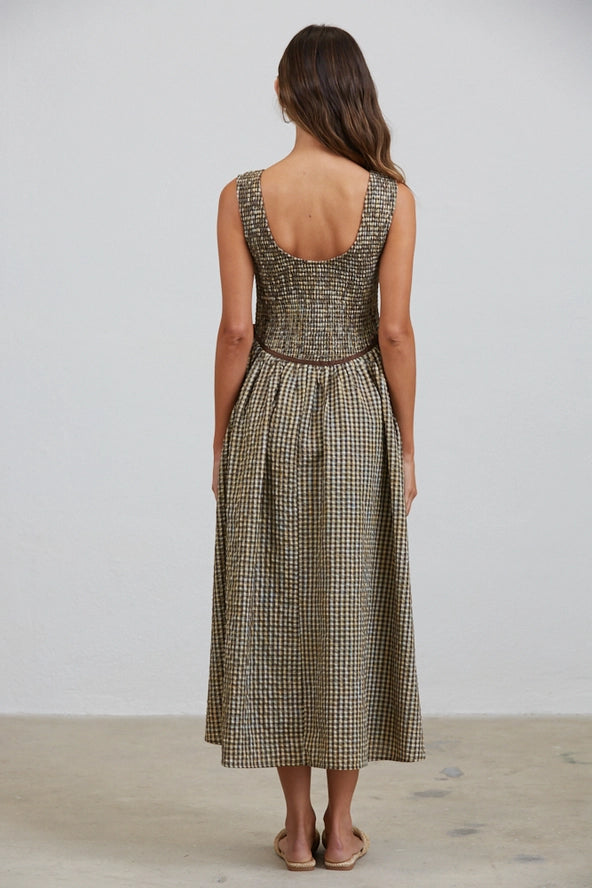 Olive/Brown Gingham Midi Dress