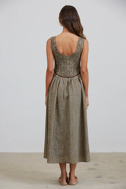Olive/Brown Gingham Midi Dress