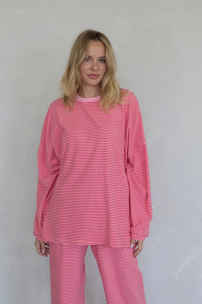 Marie Stripe Lounge Pant Set - Pink/Red