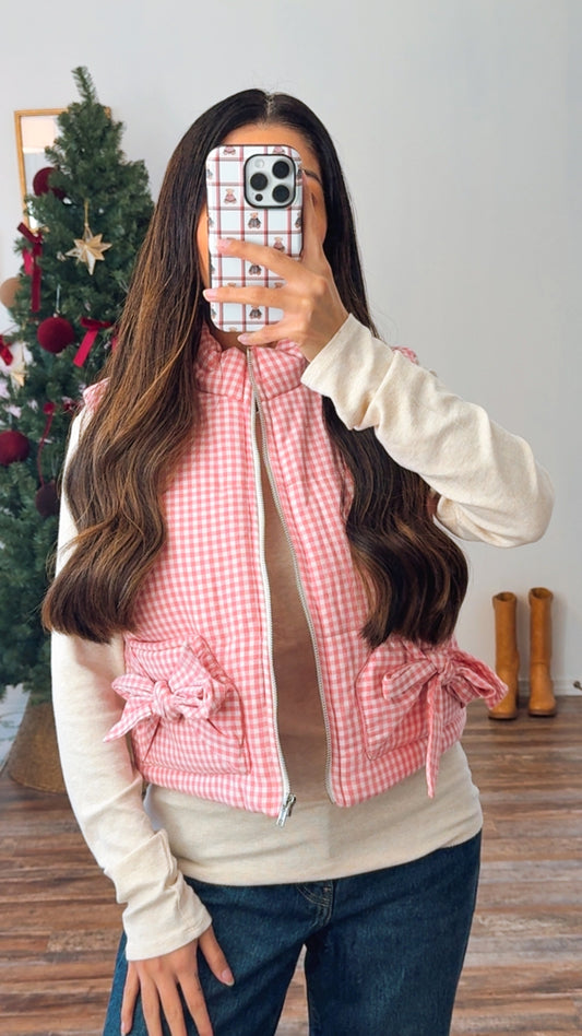 Pink Gingham Puffer Vest