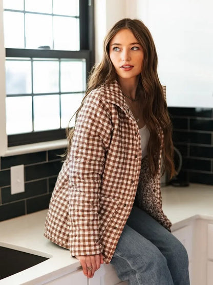 Autumn Picnic Gingham Quilted Jacket - Brown