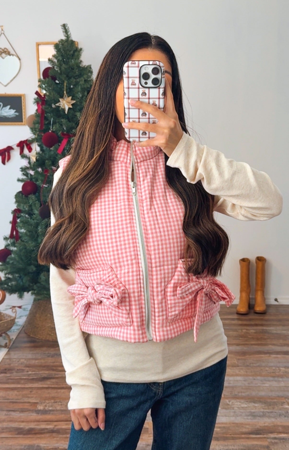 Pink Gingham Puffer Vest
