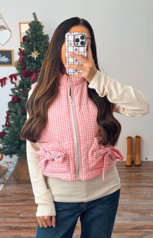 Pink Gingham Puffer Vest