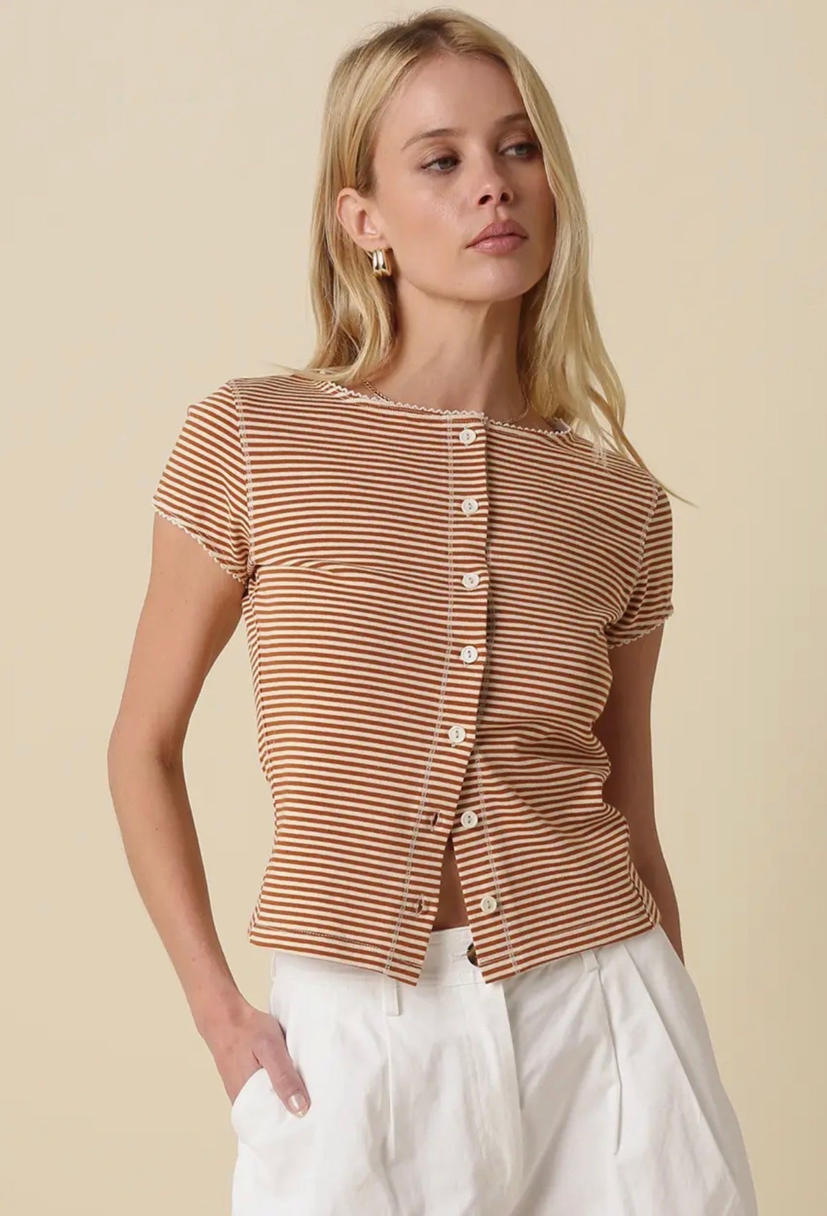Caramel Stripe Button Top