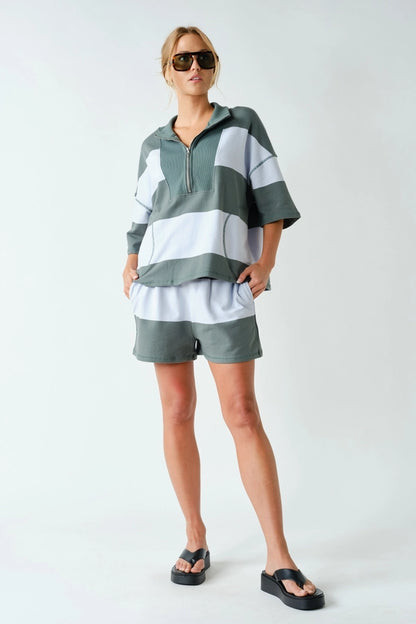 Stripe Half zip shorts set - Green/Blue