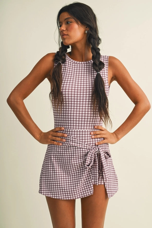 Mauve Berry Gingham Wrap Athletic Romper
