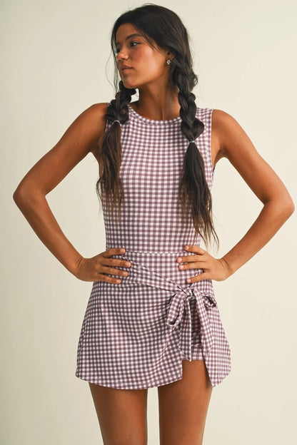 Mauve Berry Gingham Wrap Athletic Romper