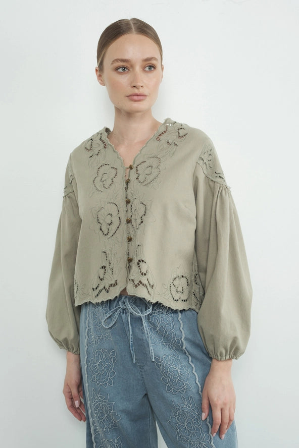 Elsa Eyelet Denim Top - Olive