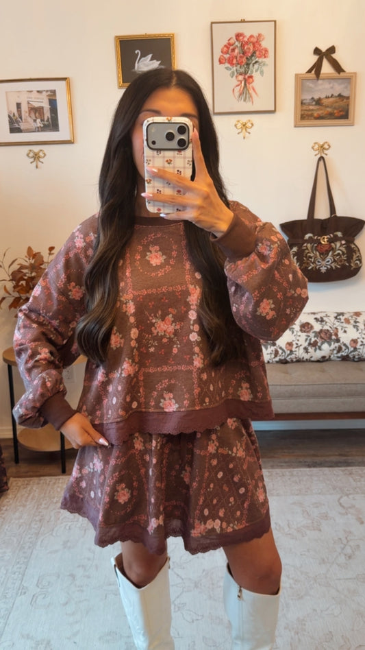 Into Autumn Floral Skort Set - Brown/mauve