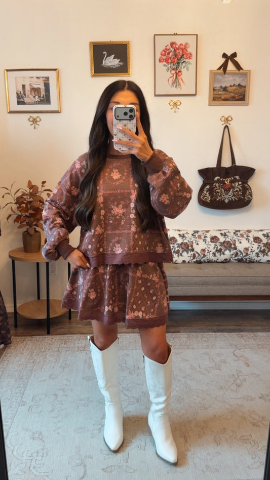 Into Autumn Floral Skort Set - Brown/mauve