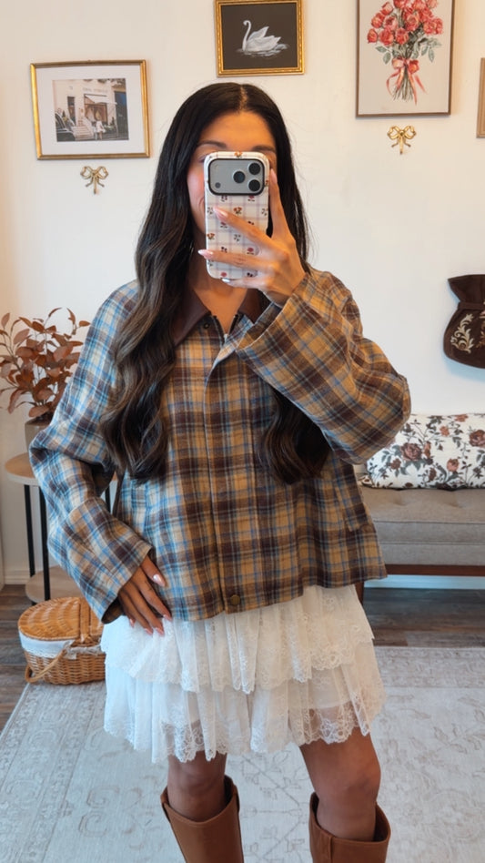 Orchard Lane Plaid Shacket - Brown/Blue