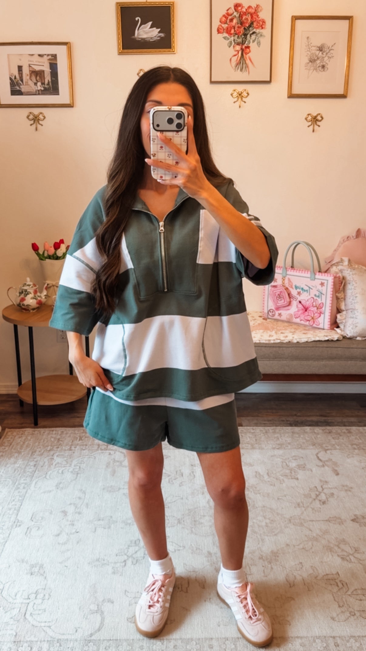 Stripe Half zip shorts set - Green/Blue
