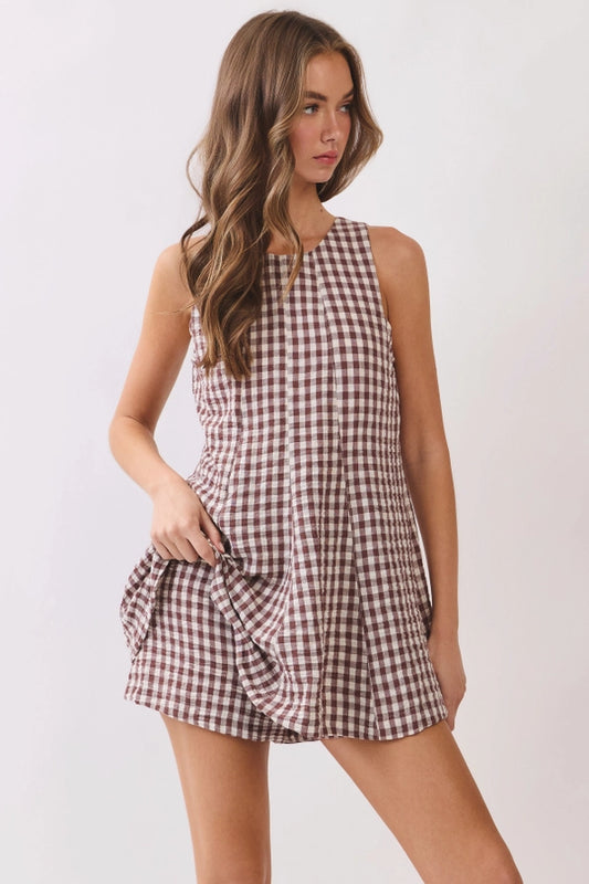 Chestnut Lane Gingham Romper - Brown