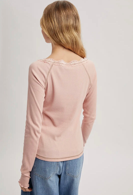 Ribbed Henley Top - Rose