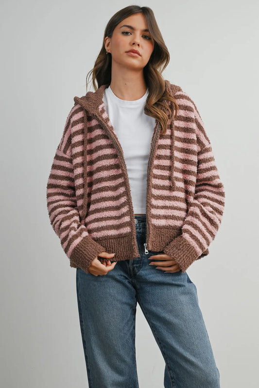 Pink and brown stripe zip sweater