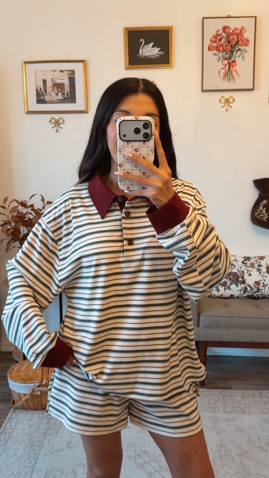 Apple Cider Stripe Short Set - Cream/Burgundy
