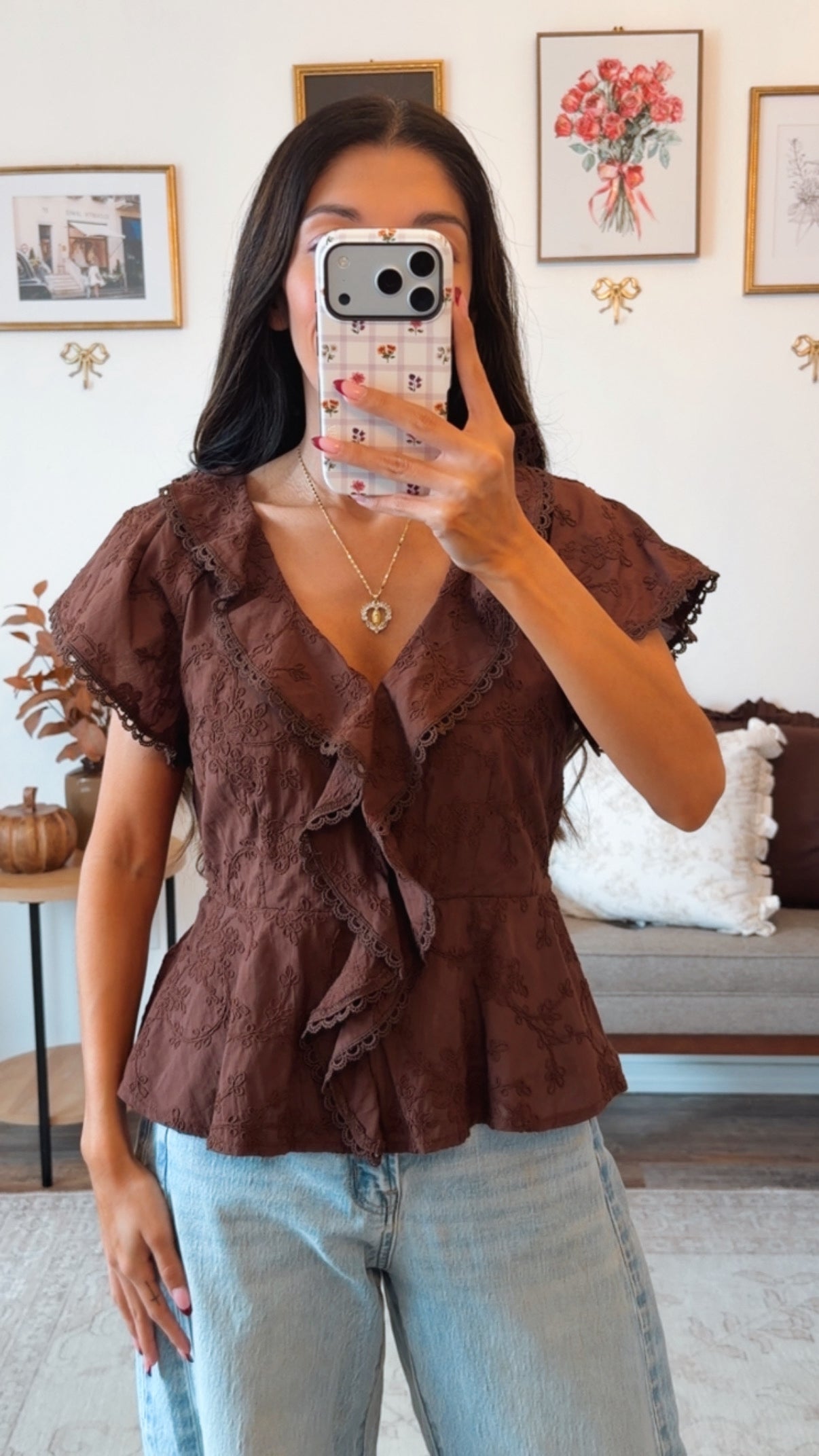 Mocha Meadow Ruffle Blouse