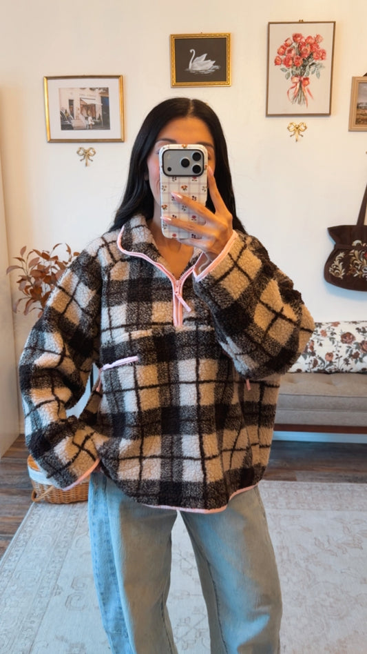 Crisp Fall Mornings Plaid Sherpa with Pink Trim - Brown