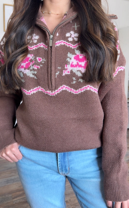 Vintage Rose Pullover Sweater / Chocolate