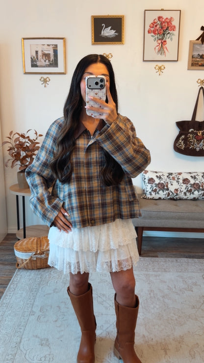 Orchard Lane Plaid Shacket - Brown/Blue