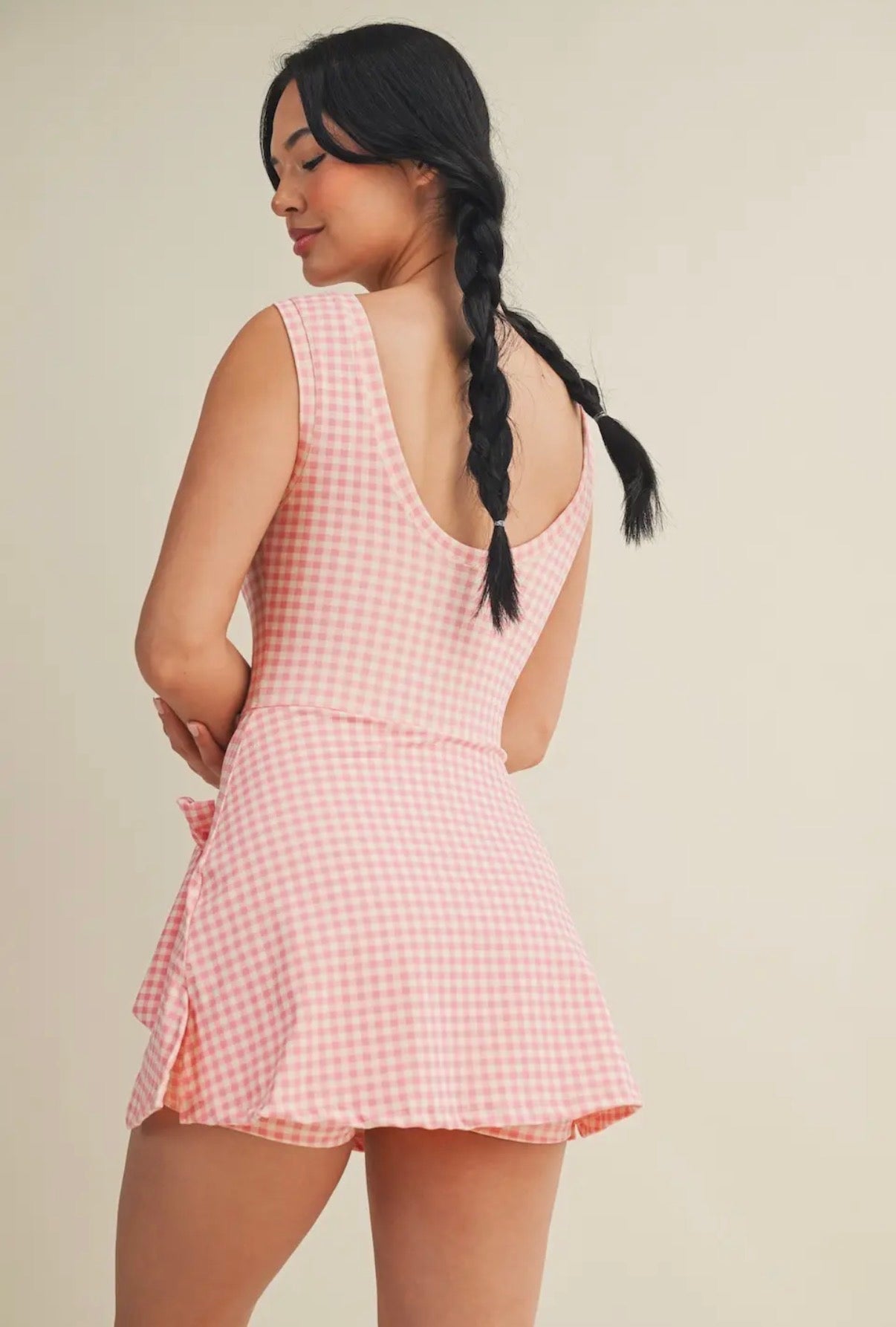 Pink Gingham Wrap Athletic Romper
