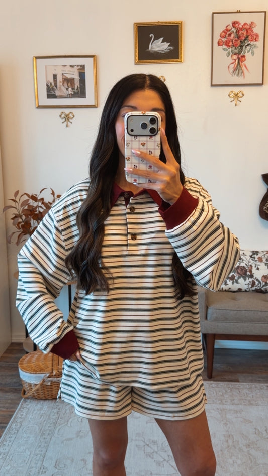 Apple Cider Stripe Short Set - Cream/Burgundy