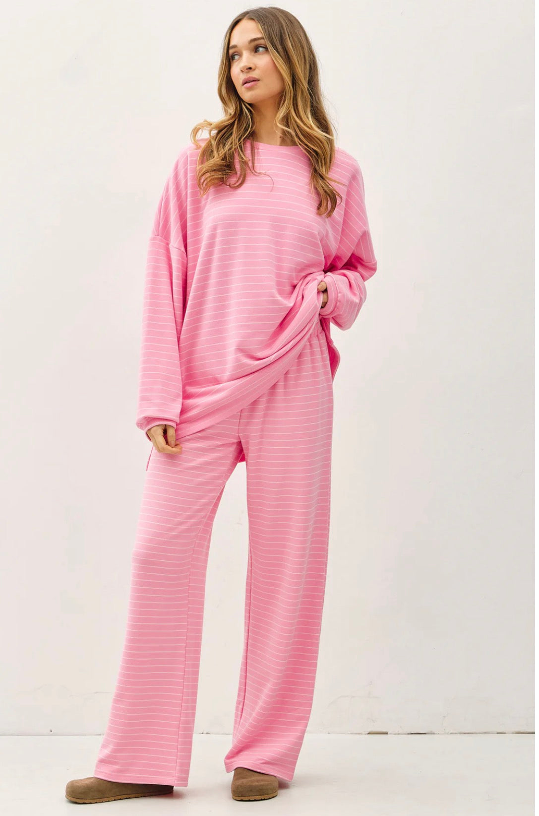 Juliette Stripe Lounge Pant Set - Pink/Cream
