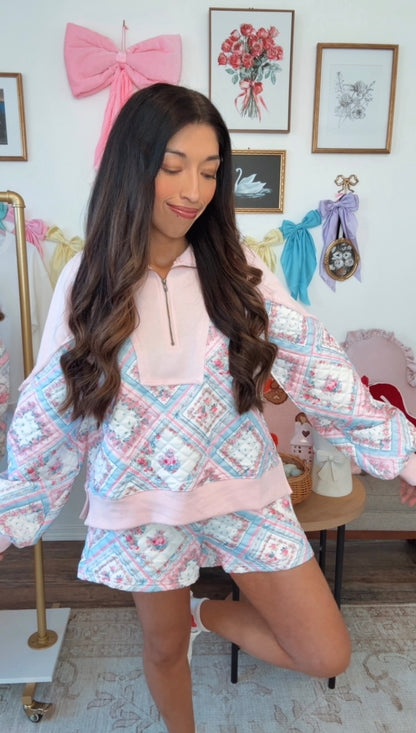 Pastel Rose Garden Quilted Set