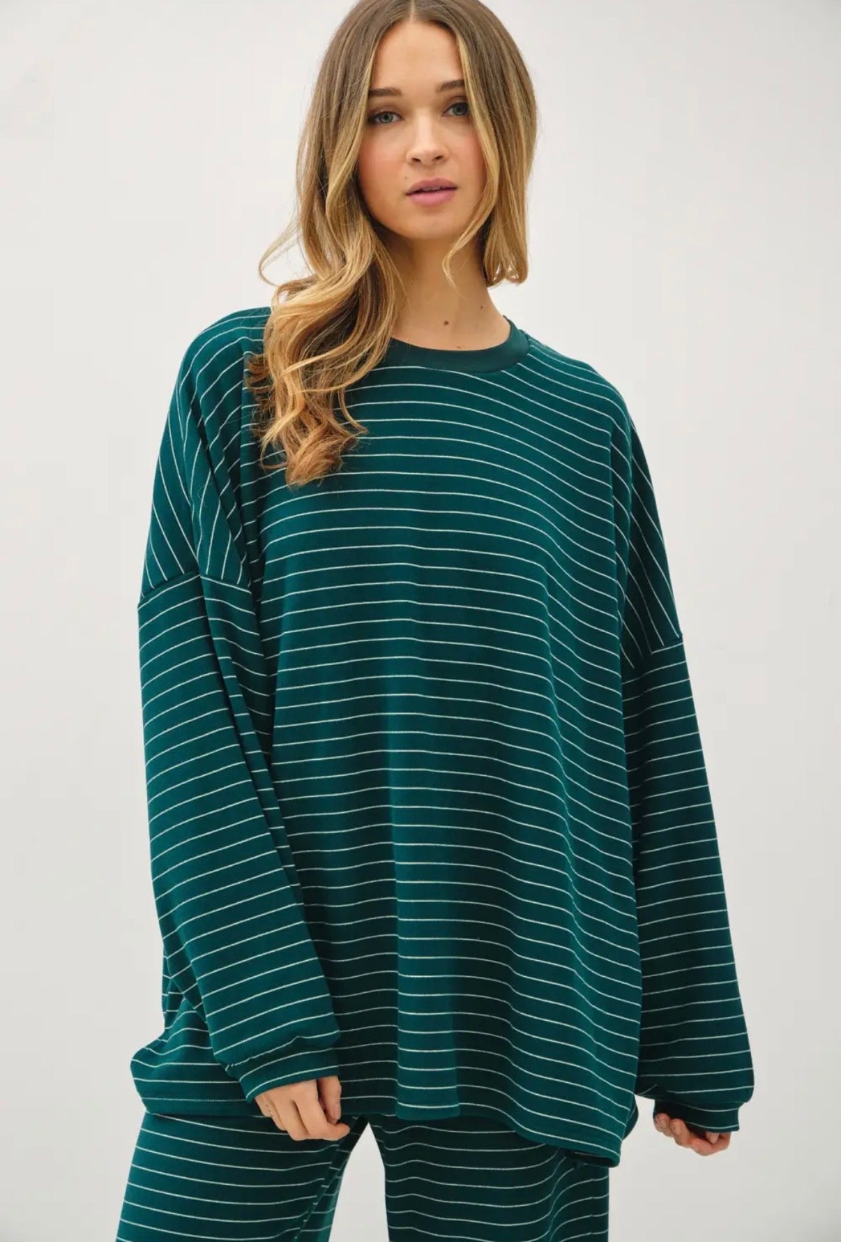 Anna Stripe Lounge Pant Set - Hunter Green
