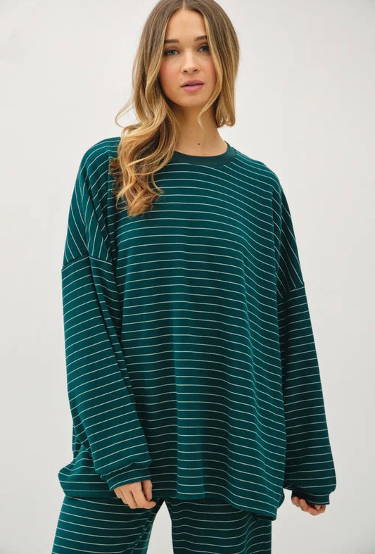 Anna Stripe Lounge Pant Set - Hunter Green