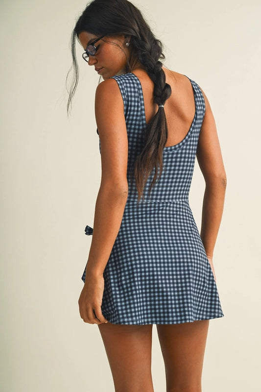 Blueberry Gingham Wrap Athletic Romper - Dusty navy blue