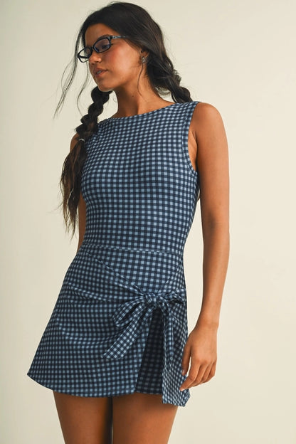 Blueberry Gingham Wrap Athletic Romper - Dusty navy blue