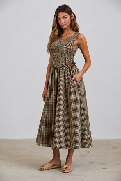 Olive/Brown Gingham Midi Dress
